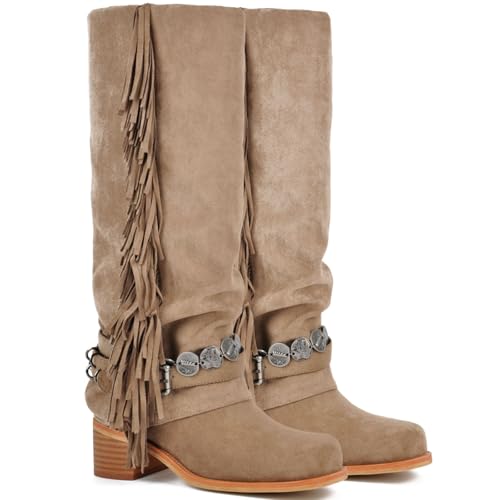 KISTANIA Women's Knee High Riding Boots with Fringes Fold-Over Suede Brown Motorcycle Boots Square Toe Chunky Block Heel Fashion Buckle Straps Biker Booties Size 8
