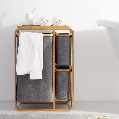 Cesto portabiancheria in bambù con 3 scomparti scorrevoli, struttura in legno resistente, cesto pieghevole per camera da letto e bagno, grigio e bianco