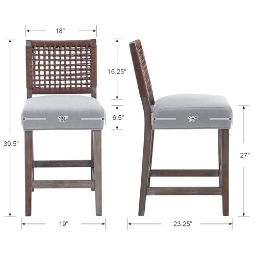 Woven-Rope-Back-Bar-Stools-Set-of-2-Armless-Counter-Height-Stools-Wooden-Farmhouse-Barstools-for-Kitchen-Island-Dining-Room-Bar-Pubs-Clubs-Cafe-Linen-Grey-Brown-Paper Woven Rope Back Bar Stools Set of 2 Armless Counter Height Stools Wooden Farmhouse Barstools for Kitchen Island Dining Room Bar Pubs Clubs Cafe Linen Grey Brown Paper
