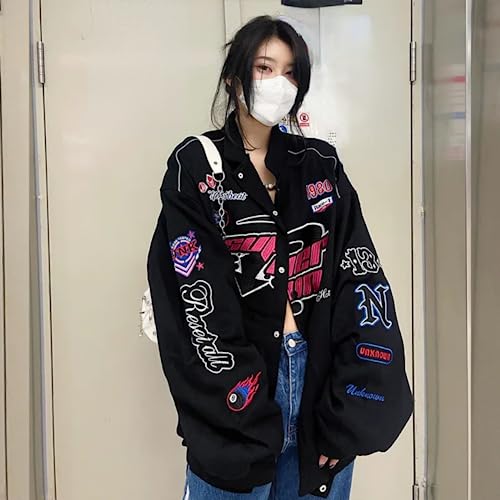 Women Y2K Vintage Varsity Jacket Hip Hop Racer Graphic Bomber Jacket Japanese Harajuku Button Up Sweatshirt Outerwear3