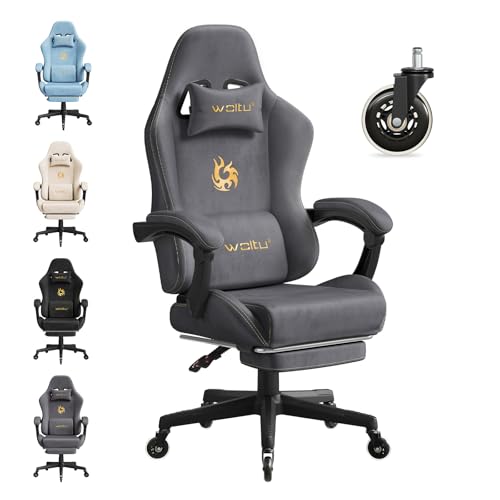 WOLTU Silla Gaming con Soporte Lumbar, Silla Oficina Ergonómica con Cabeza y Reposapiés, Sillón Trabajo Giratorio con Gran Asiento y Ruedas, Tela de Ante, Gris