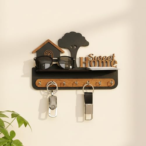 Image of Deskart Premium Wooden Key Holder for Wall with 7 Stainless Steel Hooks Sweet Home 3D Key Hanger Wall Mounted Key Organizer with Decorative Shelf Key Stand for Home, Office & Entrance (Sweet Home 3D)