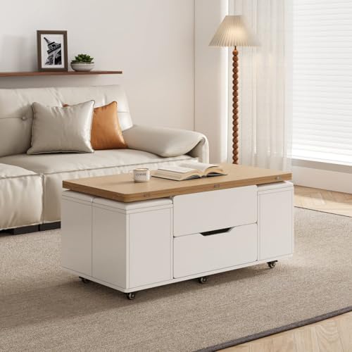 Homary Couchtisch Höhenverstellbar,Wohnzimmertisch mit Schublade,3-in-1-Multifunktions-Couchtisch Umwandelbar Wohnzimmer-Esstisch Arbeitstisch (Weiß & Natur) – Bild 5