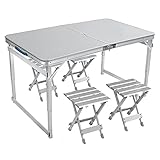 FIT4HOME Folding Camping Table and Chairs Fold away 4ft Picnic Table with 4 Stools, Portable, Adjustable Height, Aluminium with Carry Handle, Foldable | FT-001