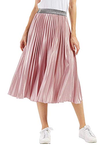 Chartou Womens Elastic-Waist Accordion Pleated Metallic Long Party Skirt (Pink, Large) #TOP13