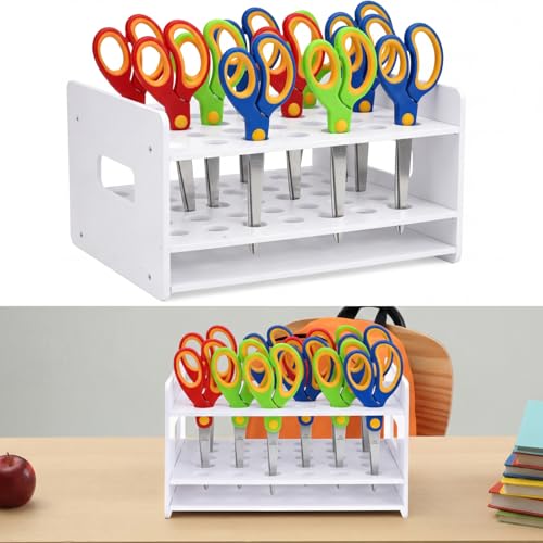 Unittype 30 Holes Scissor Holder White Plastic Scissor Storage Stand Rack Organizer 11 x 10 x 6 Inches Desktop Tool Stand for Classroom Pens Makeup Brushes Barbershop Home Office Craft Supplies