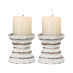 Candle Holder for Pillar Candle Set of 2, Farmhouse Wood Candle Holder, Rustic Wooden Candle Stand, Vintage Small Wooden Candlestick Holders for Living Room, Table Centerpiece, Rustic White