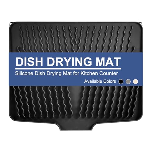 Silicone Dish Drying Mat with Built-in Drain Lip, Heat-resistant Silicone Mat for Kitchen Counter or Sink, Non-Slip Drain Mat Protects Surfaces Prevents Water Build UP (Black, 13x15.8 Inch)