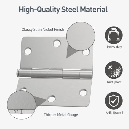 HOSOM Satin Nickel Door Hinges 3.5 Inch Interior Door Hinges with 1/4\" Radius, 3-1/2 Brushed Nickel Door Hinges, 3 Pack