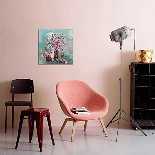 Pink Flower Canvas Wall Art Summer Florals Abstract Picture Teal Turquoise Watercolor Peach Bloosom Painting Artwork Framed For Bathroom Nursery Living Room Bedroom Kitchen Home Office Decor 14"X14" #TOP5