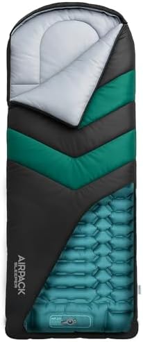 Rangland Sacco a pelo con imbottitura integrata (AirPack Sleeper) – materassino gonfiabile tutto in uno e coperta con cerniera per campeggio con pompa a pedale integrata (nero/verde) 203 x 76 cm — foto principale