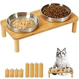 DoogCat Elevated Cat Bowls for Indoor Cats – Raised Bamboo Cat Food Table with 2 Stainless Steel Dishes, Adjustable Height (4.25"/3.07"), Set of 1