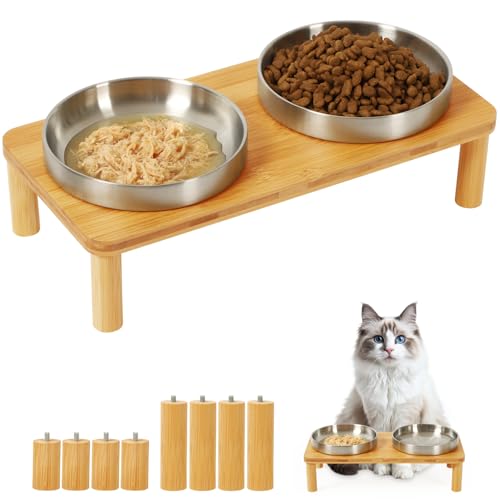 DoogCat Elevated Cat Bowls for Indoor Cats – Raised Bamboo Cat Food Table with 2 Stainless Steel Dishes, Adjustable Height (4.25"/3.07"), Set of 1