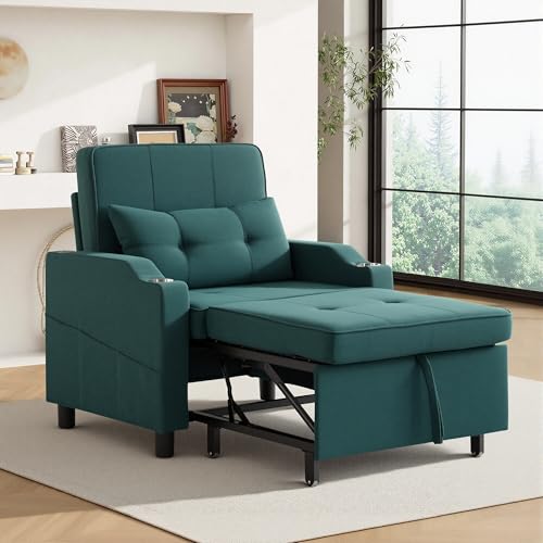 Image of Sleeper Chair 5-in-1 Convertible Chair Bed Pull Out Adjustable Single Armchair Sofa Bed with USB Ports,Side Pocket,Cup Holder (Green)