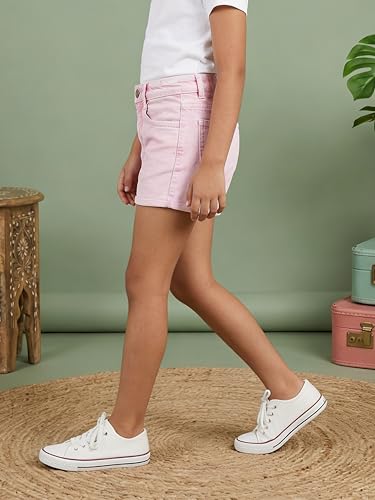 Image of KiddoPanti Girls Tight Length Rollup Denim Shorts with Lavender and Pink 3D Crochet Flowers