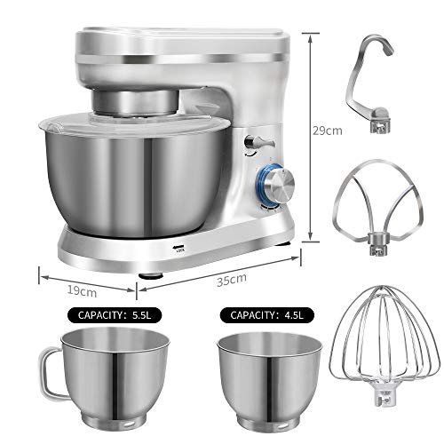Küchenmaschine, AUCMA 1300W Reduzierte Geräusche Knetmaschine mit 2 Edelstahlschüssel, Rührbesen, Knethaken, Schlagbesen… – Bild 3