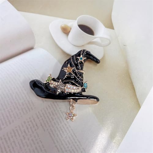 Image of Vintage Witch Hat Star Colorful CZ Dangle Black White Enamel Halloween Brooch Lapel Pins for Women Girls Boys Gold Plated Fashion Magic Witch Brooches Pin Cute Holiday Party Hat Bag Suit Accessories Jewelry Gift