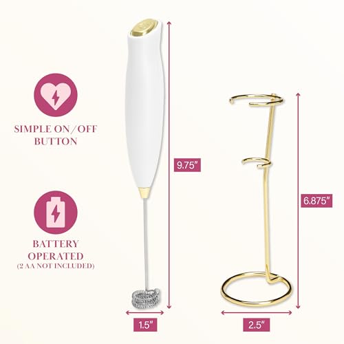 Paris Hilton Electric Handheld Milk Frother with Double Coil Head Whisk and Gold Metal Stand, Battery Powered (2 AA Batteries Required but Not Included), White