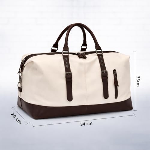 Image of CAVALO - Be Unique Vintage Canvas Travel Duffel Bag for Men & Women, 40L Large Capacity Weekender Bag with Detachable Shoulder Strap, Leather Handles, for Travel, Gym & Business Trips (White)