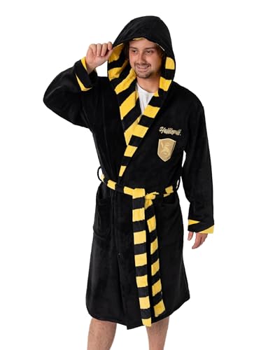Harry Potter Hufflepuff Unisex Black Hooded Bathrobe | Cosy Fleece Loungewear with Tie | Long Sleeve Movie-Themed Sleepwear | Perfect for Relaxing at Home Merch - X-Large