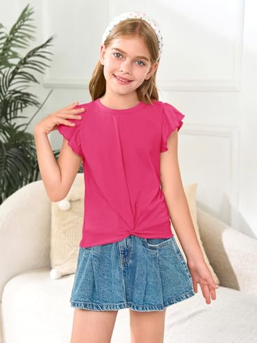Image of Haloumoning Girls Ruffle Sleeve T Shirts Summer Crewneck Shirt 5-14 Years