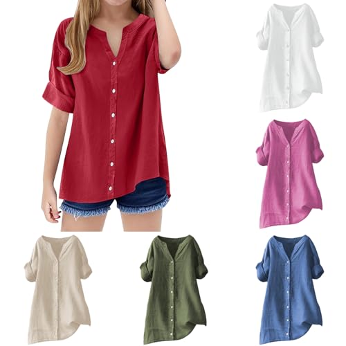 Teen Girls Cotton Linen Shirts Summer Casual Button v Neck Tunic Blouses Kids Trendy Solid Short Sleeve Tops