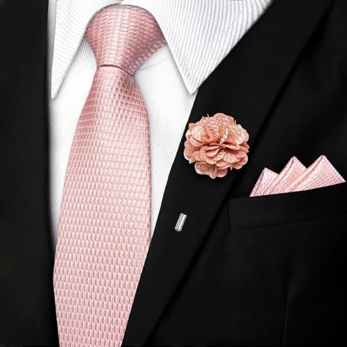 Image of DiBanGu Mens Zipper Tie Silk Pre-Tied Necktie with Gift Box | Jacquard Woven,Paisley Solid Plaid Pattern,6PCS with Pocket Square,Cufflinks and Lapel Pin,for Wedding Party Formal Business