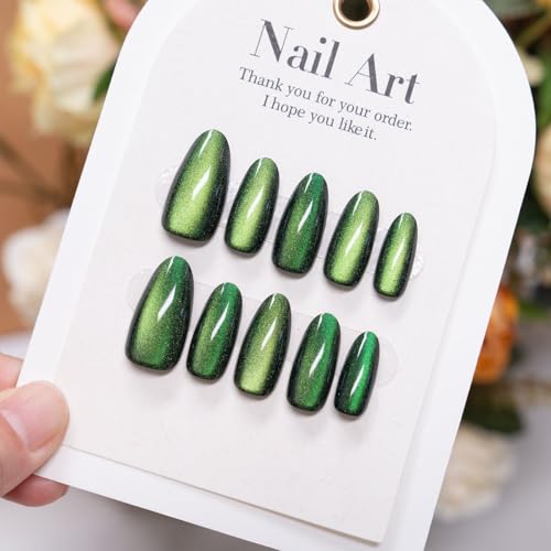 Image of Green Press on Nails Medium Almond Fake Nails Glossy Full Cover Stick on Nail with Design Glitter Glue on Nail for Women Girls Christmas Manicure 24Pcs
