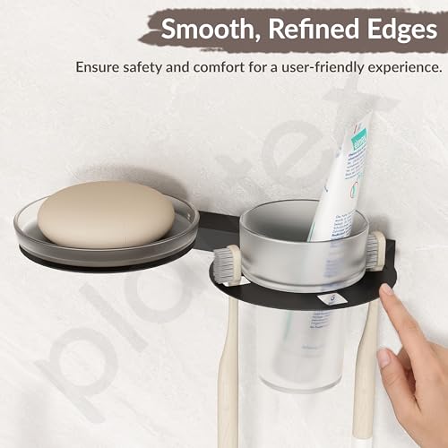 Image of Plantex Soap Dish with Tumbler Holder for Bathroom /Stainless Steel Glass soap Holder wtih Toothbrush Stand /Bathroom Accessories - Pack of 1 (Black)