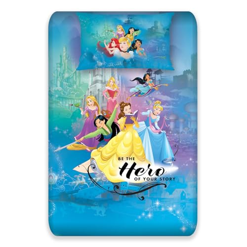 Image of Sassoon Disney Princess (Blue) Digital Printed, Cotton Single Bedsheet, 300 TC, 1 Pillow Cover, Fade Resistant, Bedsheet for Kid's Bedroom, (1.50m X 2.35m)