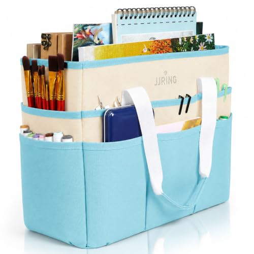 Image of JJRING Craft Organizer Tote Bag Large Art Storage Caddy Sky Blue and Beige