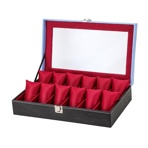 Image of ZENWOOD Black and Red Unisex 12 Slots Watch Box Organizer PU Leather Watches Display Case Storage Box