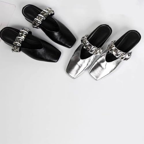 Women's Square Toe Mule Slippers with Metal Buckle, Black and Silver, Retro British Style, 1-inch Block Heel3