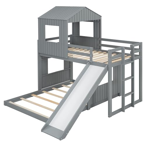 Image of Bellemave Bunk beds Twin Over Full with Slide,Ladders,House roof Design, Low bunk /loft Bed for Kids, Gray