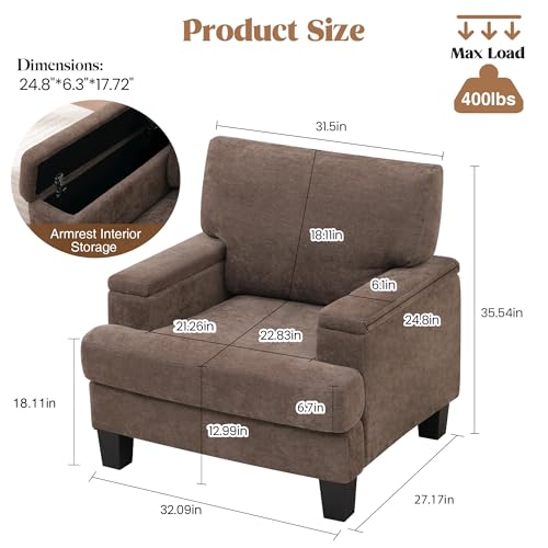 Image of Modern Upholstered Living Room Chairs, Accent Chair with Storage Armrest, Comfy Large Armchair, Fabric Single Sofa ReadingChair for Bedroom, Dark Brown