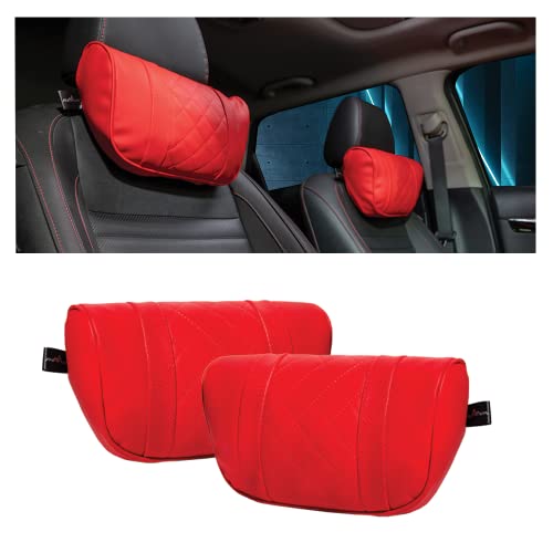 Pharaoh Nappa+ Luxury Nappa Leather Car Neck Pillow, Headrest | Enhanced Driving Experience | Premium Nappa Microfiber Leather | Headrest for Ultimate Driving Comfort & Support – Set of 2 (Red)