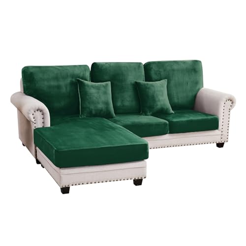 Image of Stretch Silver Fox Velvet Sectional Couch Covers - 3-Piece Sofa Cushion Covers for Left /Right L-Shaped Chaise, Soft and Comfortable Slipcovers for Sectional Sofa(2Seater+1Chaise,Christmas green)