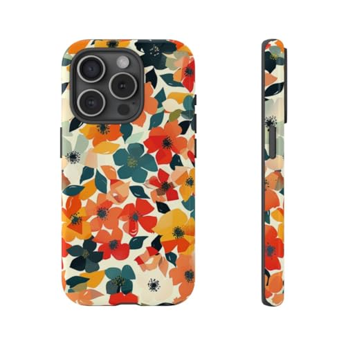 Coque iPhone 15 Pro rigide brillante avec motif floral géométrique orange