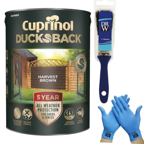 DRW Cuprinol Ducksback Harvest Brown Fence Paint 5L | 5‑Year Weatherproof Shed & + Free 4 Inch Fence Paint Brush & Nitrile Gloves – Wax‑Enriched, Non‑Drip, Quick‑Drying & Low‑Odour