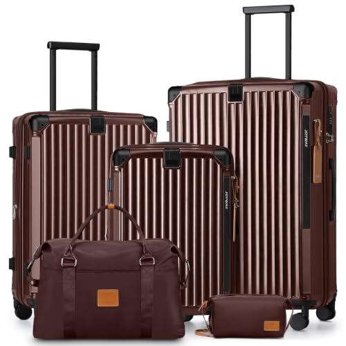 Image of Joyway 5 Piece Luggage Set with Cup Holder, Expandable 25% Capacity, Includes Handbag, Anti Slip Wheels, Hook, Smart Carry On Suitcase for Men and Women, Spinner Travel Coffee
