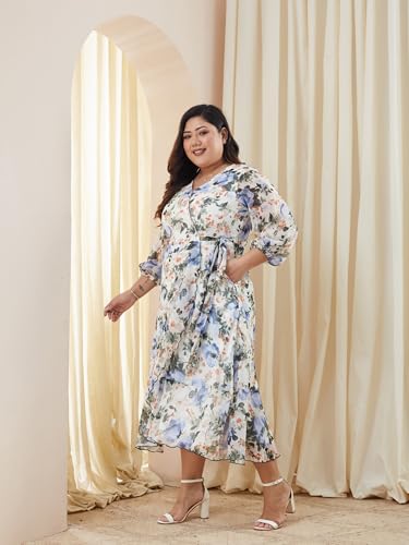 Image of Miss Chase A+ Women's V-Neck Three-Quarter Sleeve Floral Wrap Chiffon Midi Dress