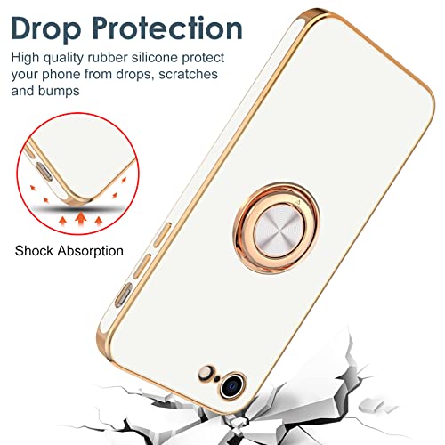 Image of Hython Case for iPhone SE Case 2022 /2020, iPhone 8 7 Case Ring Holder Stand Magnetic Kickstand, Plating Rose Gold Edge Soft TPU Bumper Cover Shockproof Protective Phone Cases Women Girls Boys, White