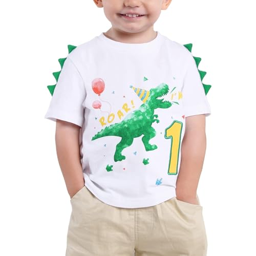 T-shirt de aniversário de 1 ano de aniversário dinossauro 1 ano, manga curta tops, Branco, 2 anos
