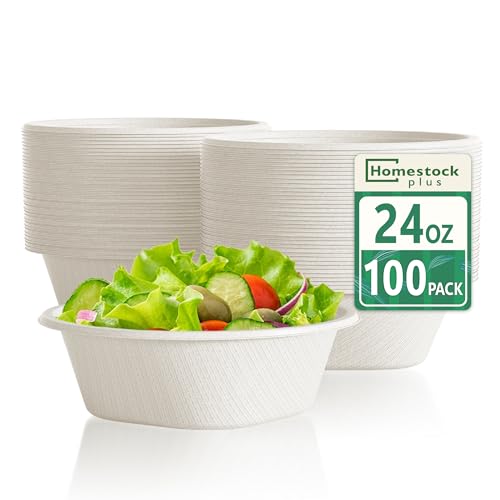 Homestockplus Disposable Bowls 24 Oz [100 Pack] - Compostable Paper Bowl Heavy Duty,Freezer & Microwave Safe Bowl, BPA-Free Eco-Friendly Bowls for Cereal, Rice, French Fries, Party Serving (White)