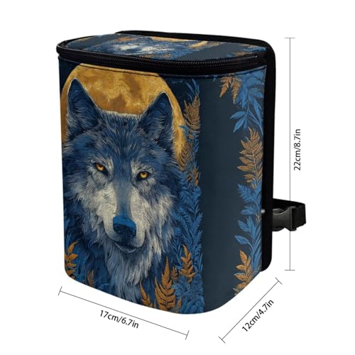 Image of Talayituse Moon Wolf Leaf Print Car Trash Bin, Large Size Auto Trash Can Adjustable Portable Garbage Can with Lid, Vehicle Hanging Bag for Headrest Front Back Seat