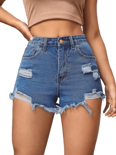Image of Aahwan Blue Solid High Waist Ripped Raw Trim Denim Shorts Casual Summer Shorts for Women's & Girls