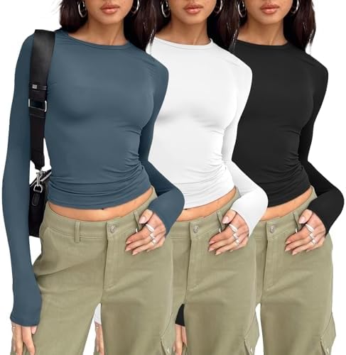 AUTOMET Womens 3 Piece Long Sleeve Shirts Basic Crop Tops Going Out Fall Fashion Underscrubs Layer Slim Fit Y2K Tops