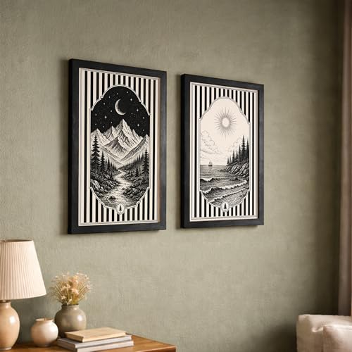 Image of NoWorries Framed Black and White Wall Art Set of 2, Vintage Mountain Moon and Coastal Ocean Landscape Prints, Boho Nature Decor, Scandinavian Minimalist Artwork for Bedroom, Hallway and Office (Art-18, 10x13inch)