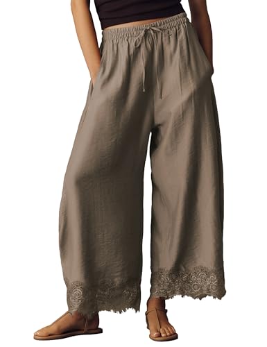 GTLIAE Women Cropped Lace Hem Pants Casual Drawstring Elastic High Waisted Trousers Summer Beach Flowy Pant with Pockets(Coffee-S)
