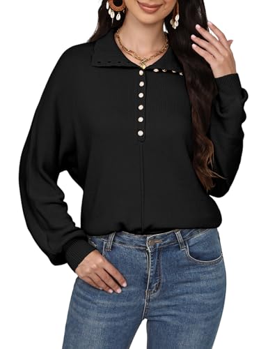 Image of SPR&JOY Women's Batwing Long Sleeve Knit Sweaters, Button Up V Neck Casual Pullover, Lapel Collar Oversized Solid Jumper Tops